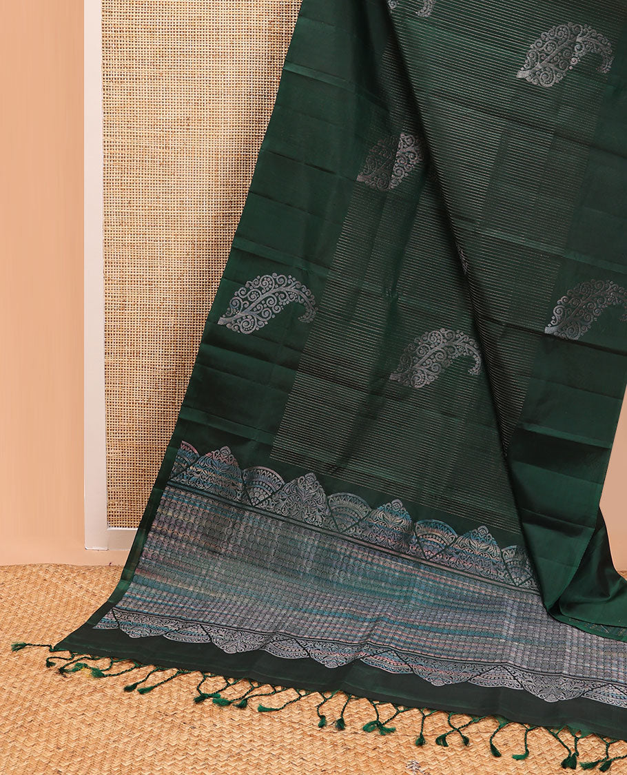 Bottle green striped, floral design bandhani with self floral design border & intricate zari design pallu