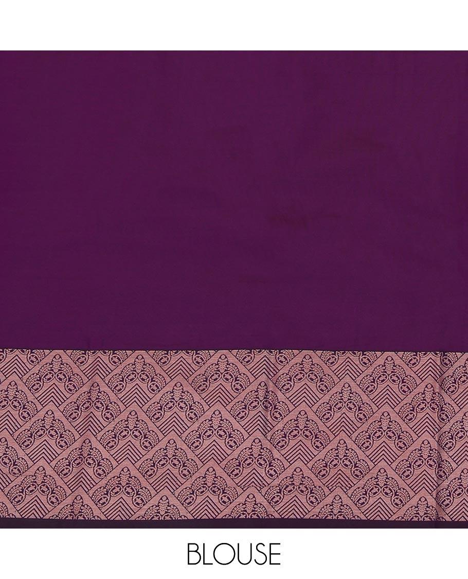 Purple Art Silk Pavadai Material Set, Featuring Leaf Zari Buttas All Over the Skirt, Complemented by a Contrast Jaal Patterned Zari Design Border, and Paired with a Contrast Blouse
