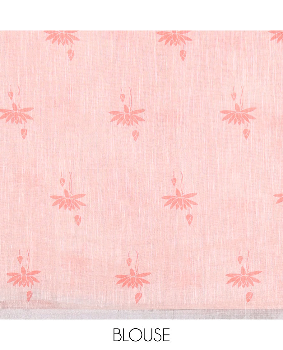 Orange Pichwai lotus printed linen cotton saree, piping zari border, colorful tasselled lotus printed pallu, and a contrast lotus printed blouse