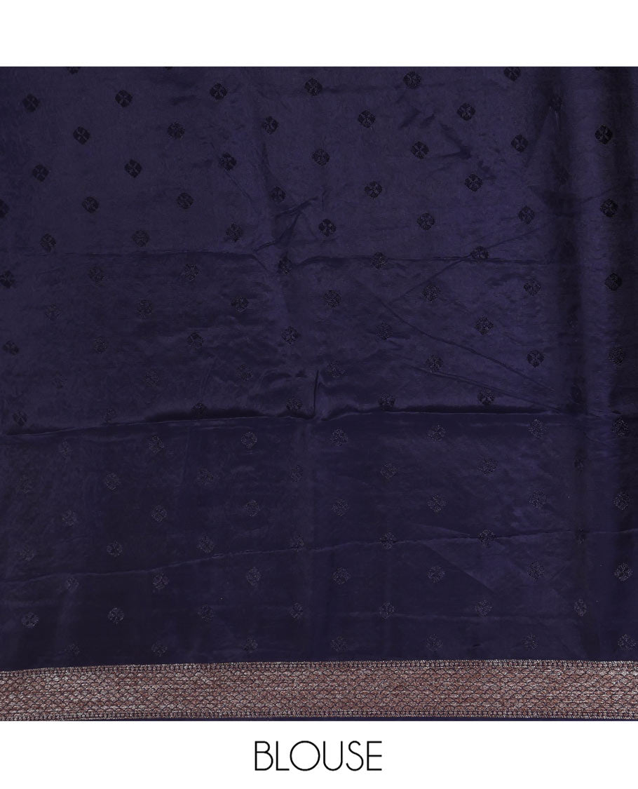 Navy Blue HO-Silk Saree, Adorned with Floral Zari Buttas All Over Its Body, Highlighted by Self-Border of Floral Creeper Designs, Floral Jaal Pallu and Paired with a Plain Blouse