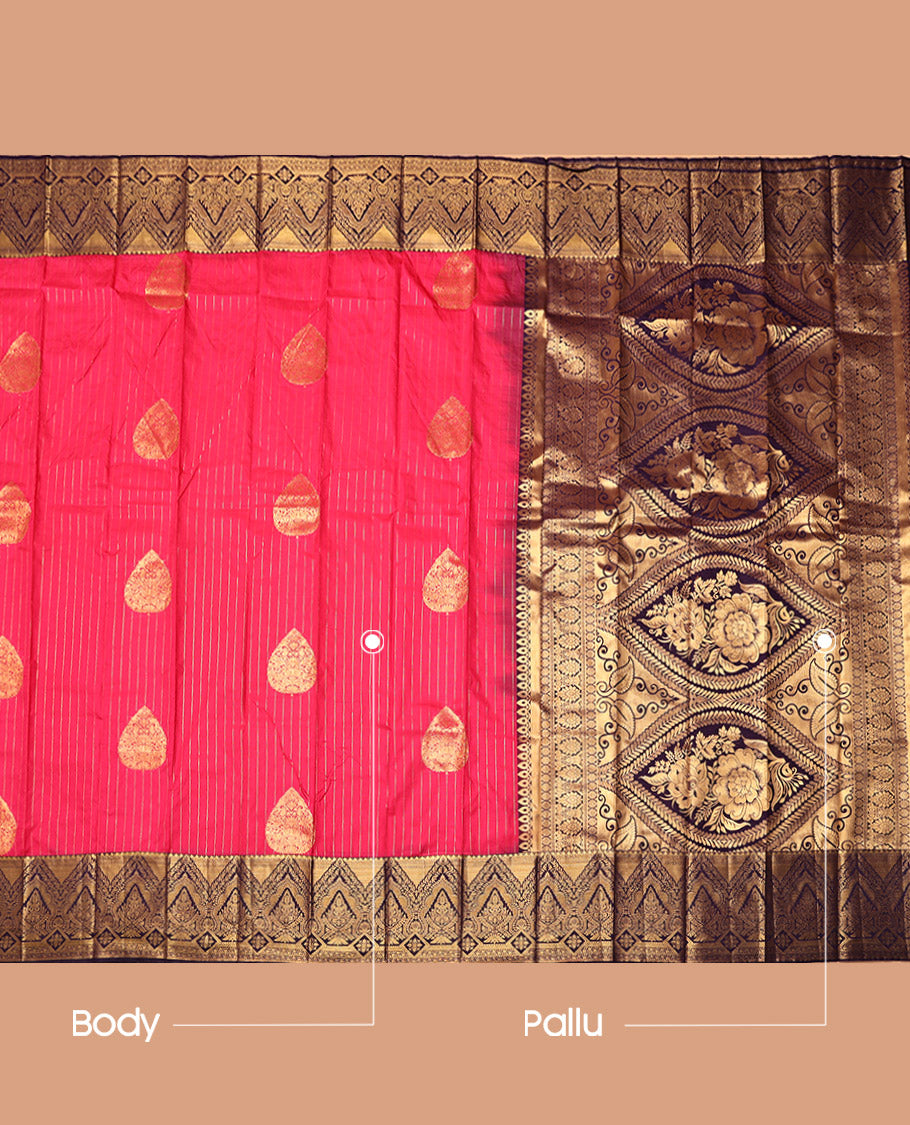 Pink Budget Silk Saree, Detailed with Zari Buttas and Stripes, Complemented by a Contrast Traditional Zari Border, Intricate Pallu, and a Contrast Blouse