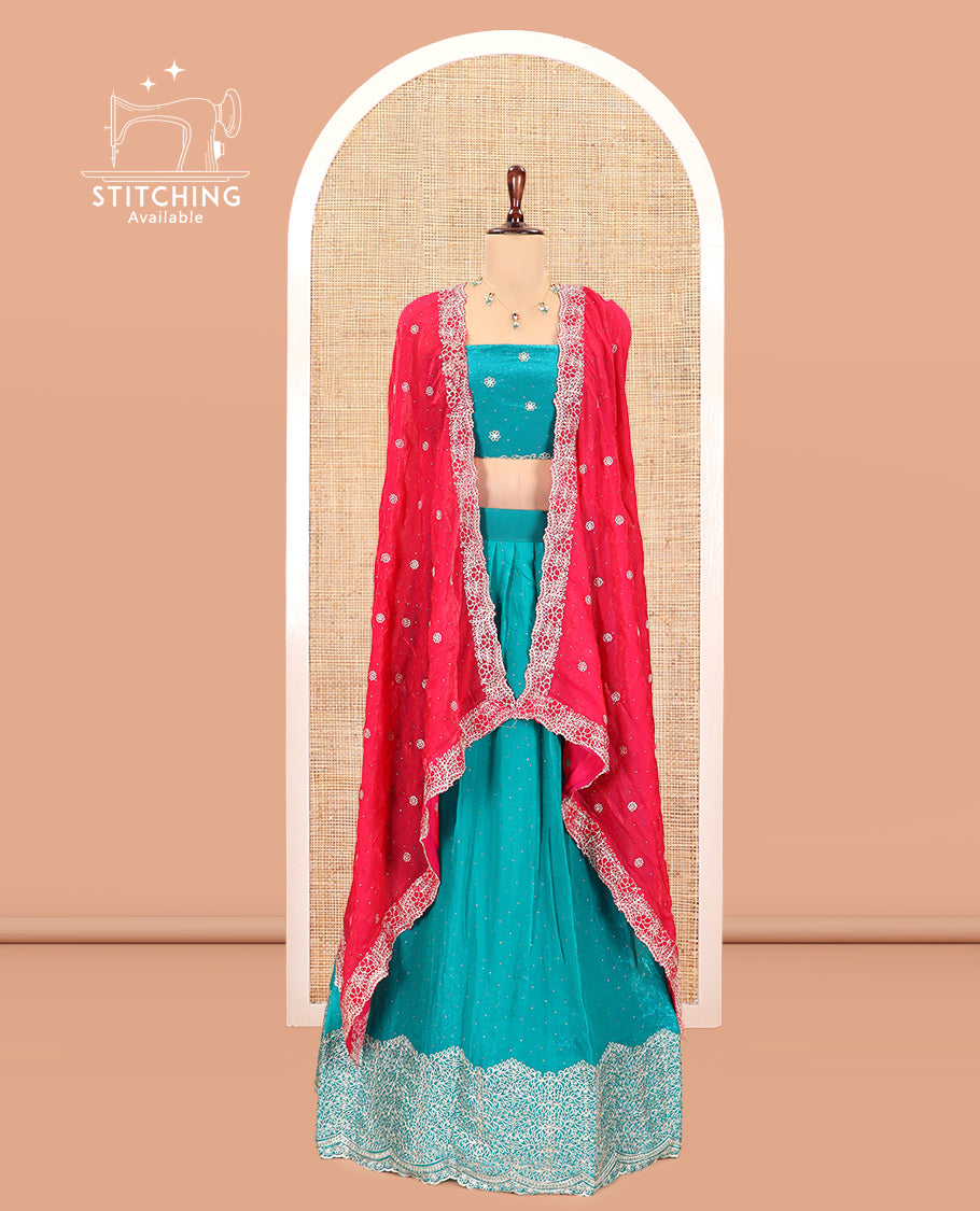 Rama Blue Velvet Organza Half-Saree with Glitter Work Skirt, Embroidered Border, a Matching Blouse, and Contrast Embroidered Dhavani