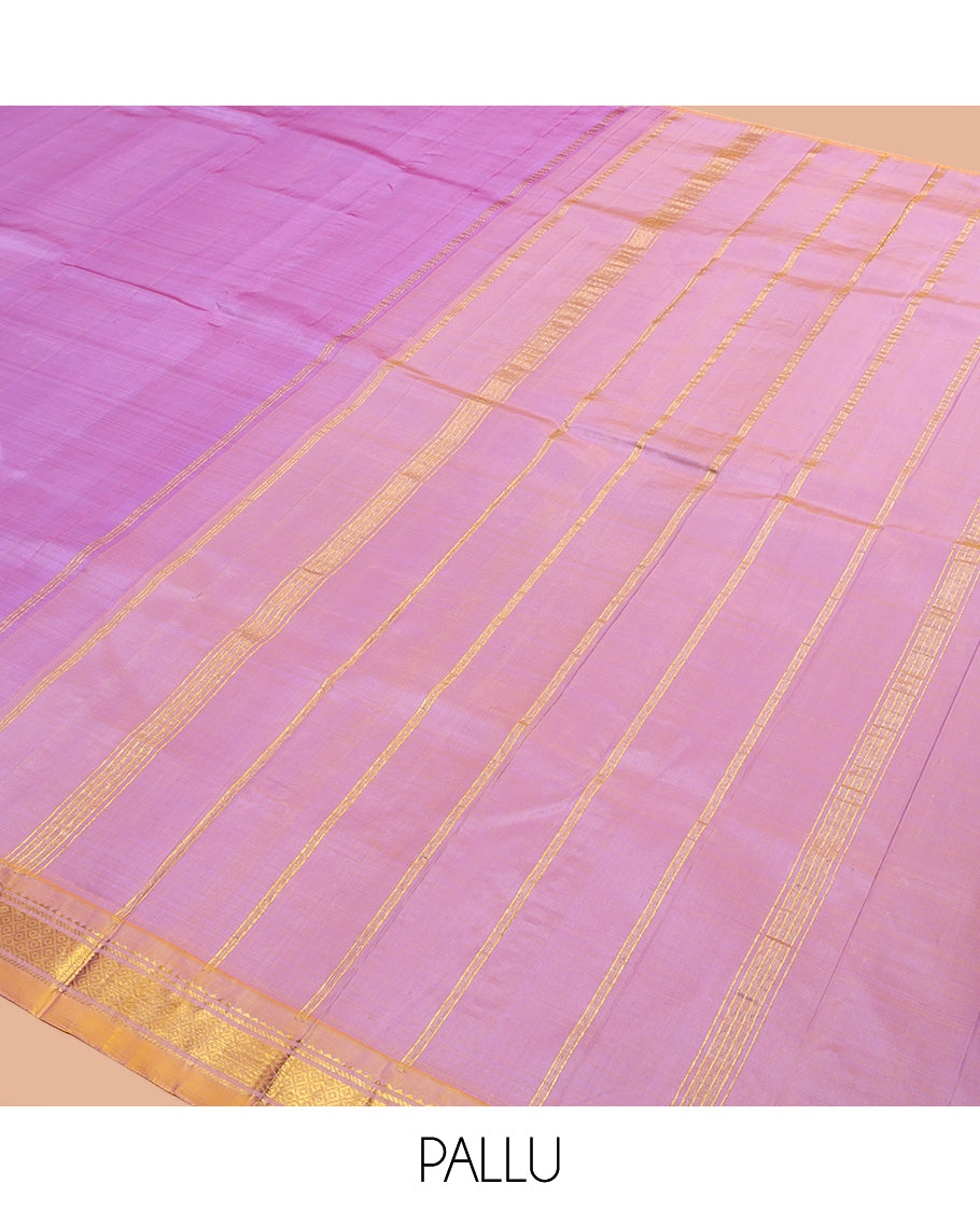 Purple Plain Kanchipuram Silk Saree, a Contrast One-Sided Border of Paneer Sombu, Banaras and Jaal Design, Zari Design Pallu, and No Blouse