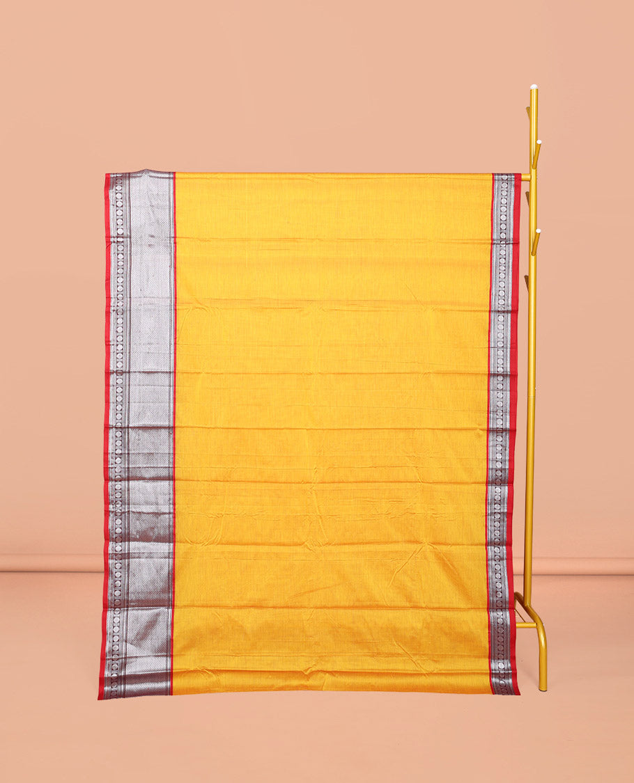Yellow Plain Narayanpet Cotton Saree, Complemented by a Contrast Traditional Design Border, Plain Pallu, and Comes Without a Blouse