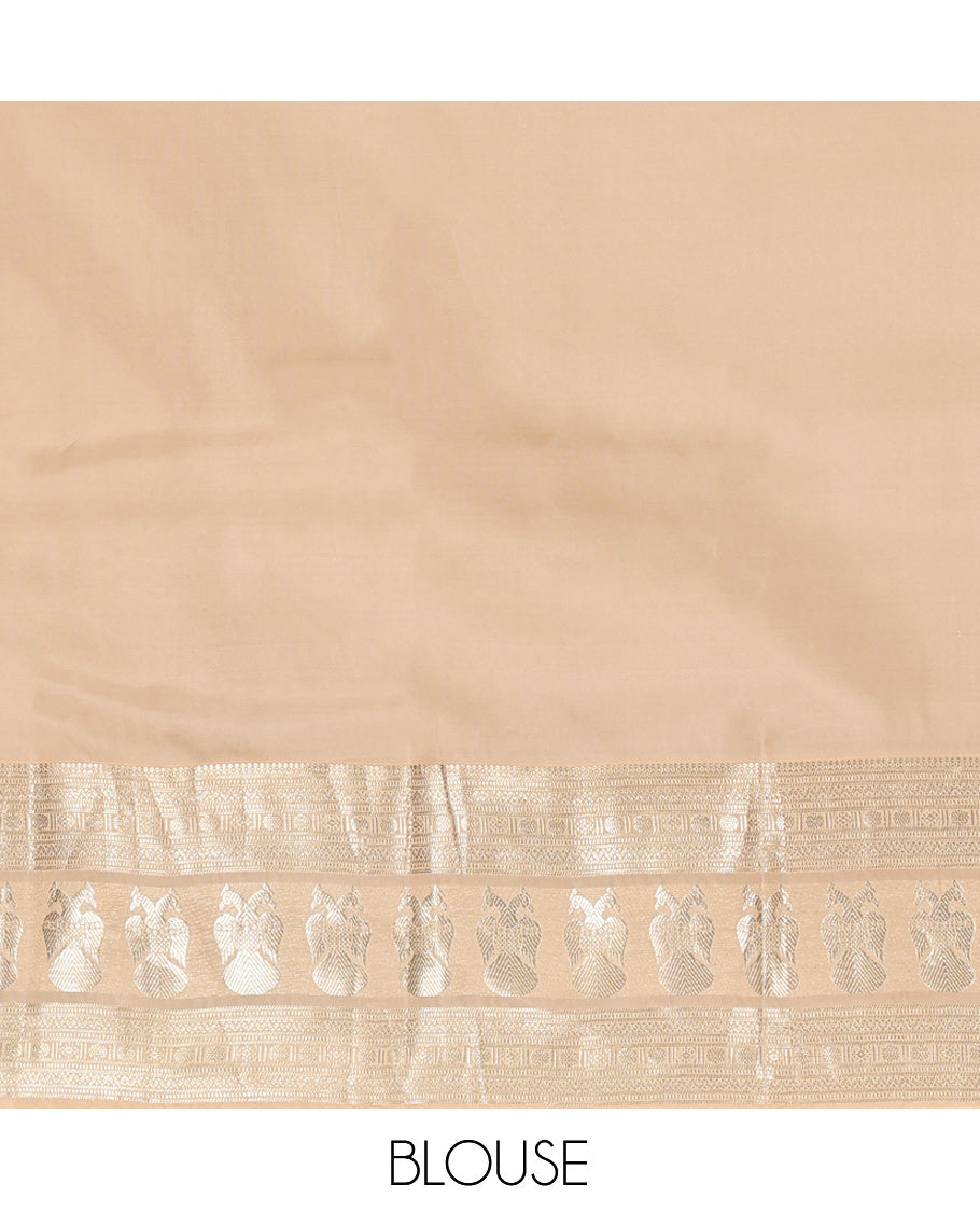 Blue Vasundhara Silk Saree, Woven with Zari Buttas, Contrast Border of Thilakam Mokku, Muthu, Neli, Poun, and Iruthalai Pakshi Designs, Grand Pallu, and Contrast Blouse