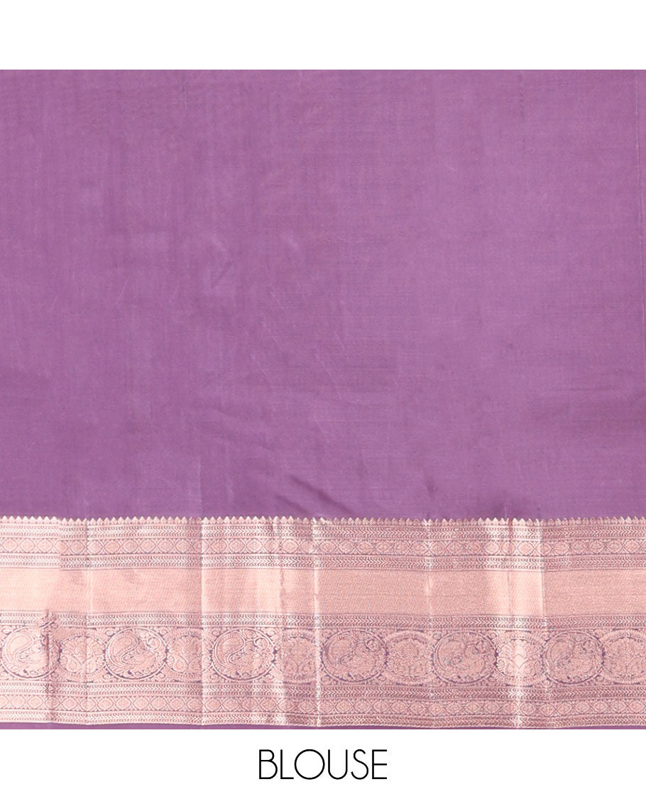 Purple floral design kancheepuram silk saree with self border of rekku, banaras, muthu, kathir, poo chakram design & zari design pallu