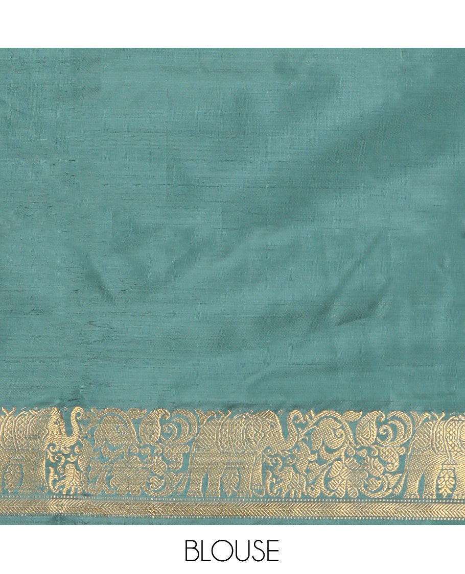 Grey Banana Pith Saree, Woven with Thread Buttas, a Contrast Elephant Border, Pallu of Buttas, and a Contrast Blouse