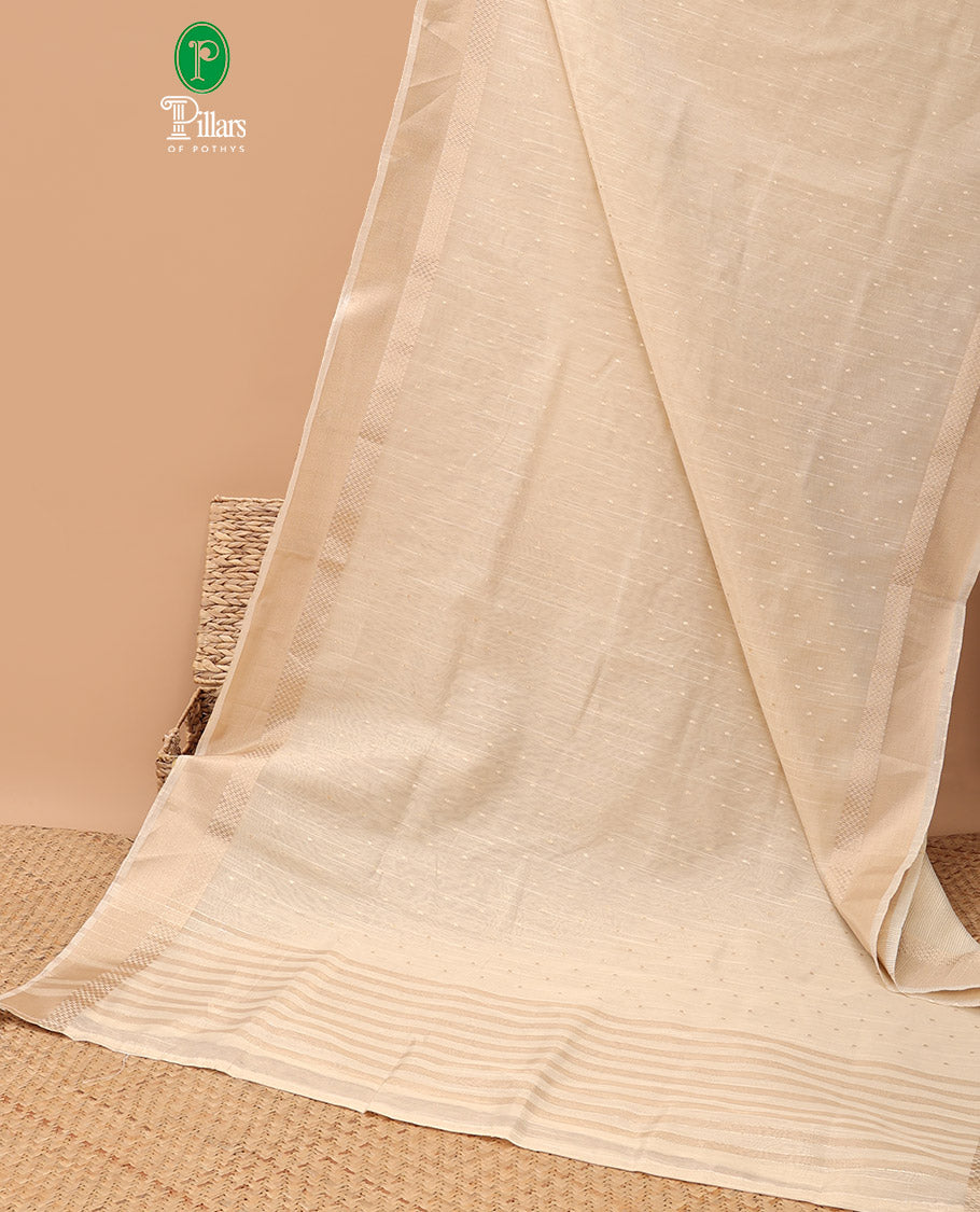 White small zari butta handloom linentissue saree with line chip pallu & gold tissue plain blouse
