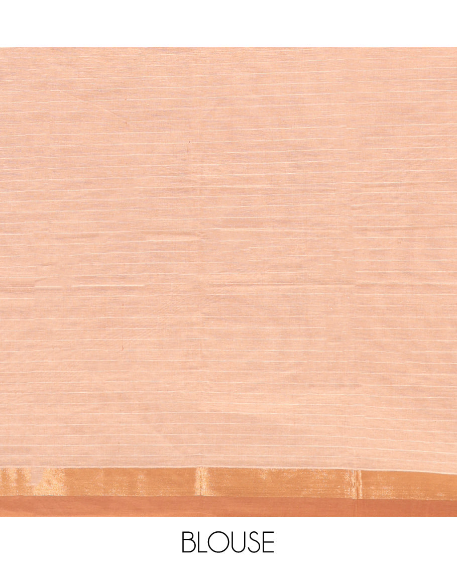 Sandal Kanchi Cotton Saree Showcasing Buttas and Stripes on Its Body, Contrast Border, Ogee-Patterned Pallu, and a Matching Blouse