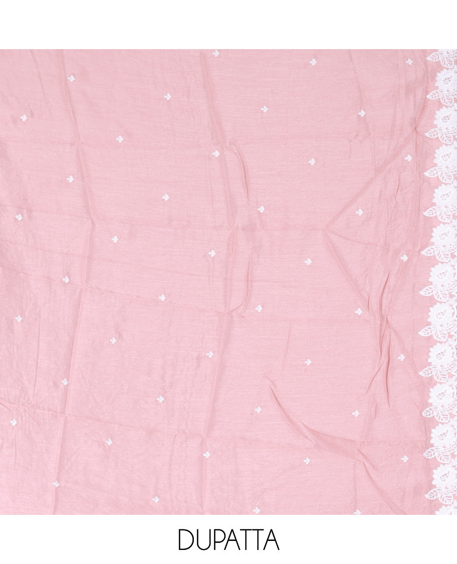 Peach Mul Chanderi Material Churidar with Delicate Floral Embroidered Top, a Plain Bottom, and Scallop Embroidered Dupatta