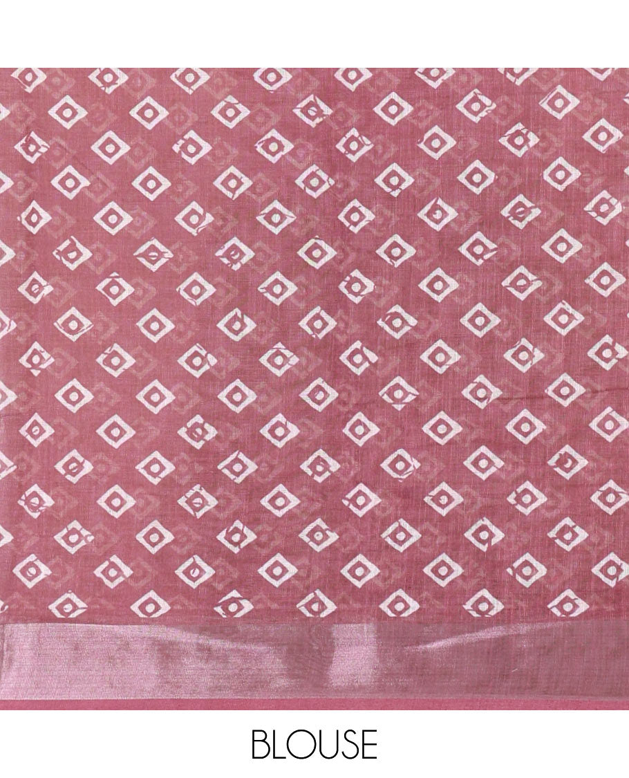 Green batik printed linen cotton saree, contrast printed and zari work border, batik printed pallu, and a contrast printed blouse