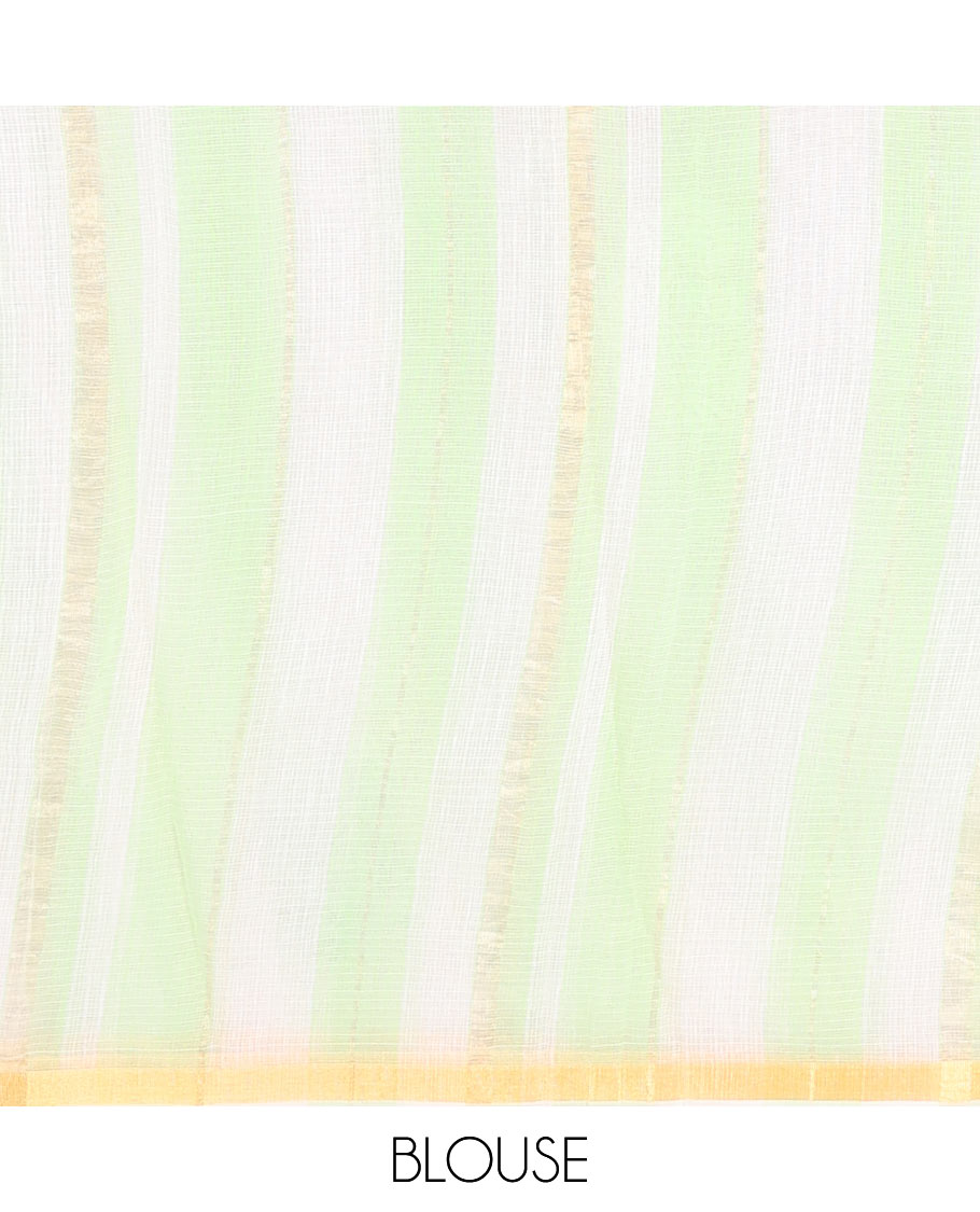 White and Green Kota Cotton Saree, Decorated with Stripes and Floral Motifs Thread Embroidery on Its Body, Piping Border, Pallu Features Floral Embroidery, and Paired with a Matching Blouse