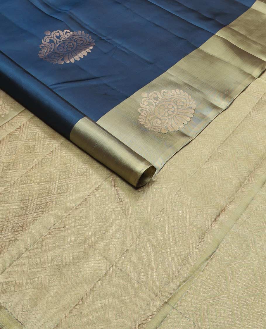 Blue zari buttas silk mix saree, contrast unique design border & pallu of geometric designs