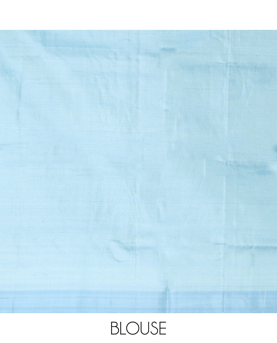 Borderless Blue Banana Pith Saree, Woven with Stripes and Buttas, a Contrast Pallu of Stripes, and a Contrast Blouse