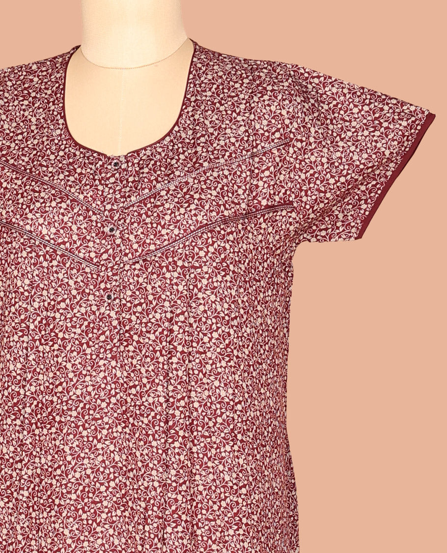 Maroon Printed Cotton-Blended Nighty