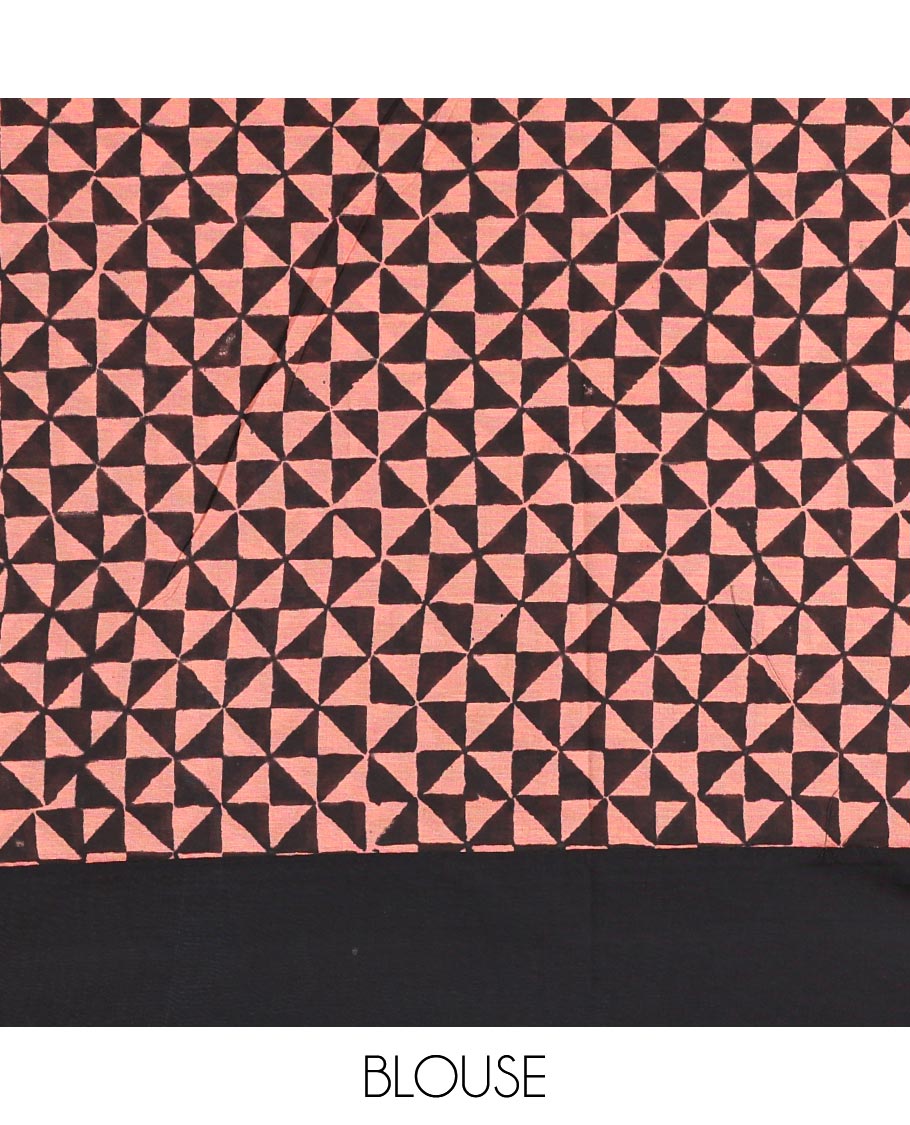 Black plain South cotton saree, triangle grid block printed border, block printed pallu, and a block printed blouse