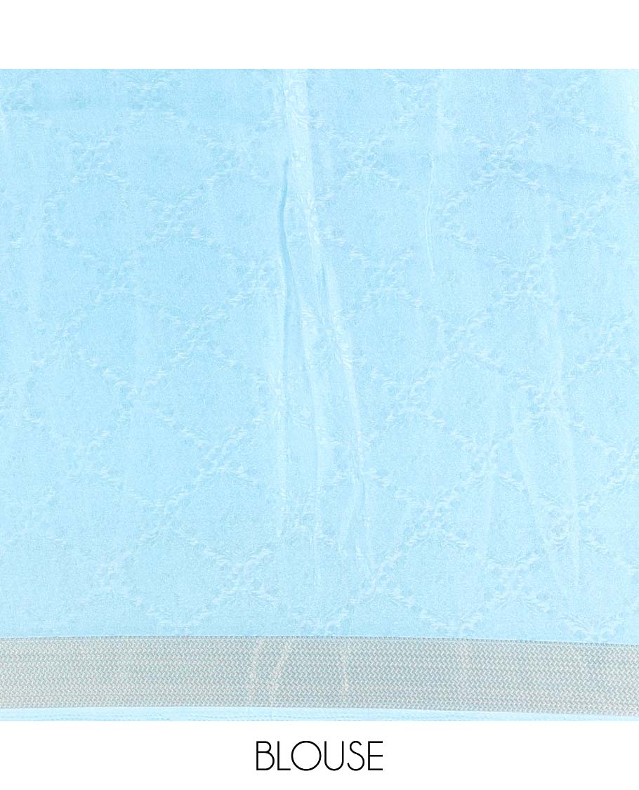 Navy blue embossed moss chiffon saree, contrast embossed with traditional zari border, jaal pallu, and a contrast blouse