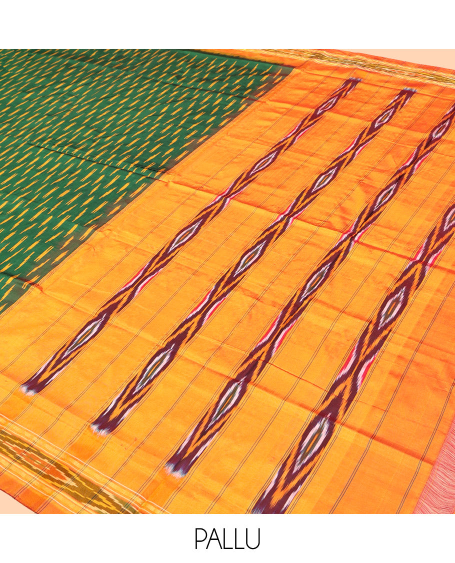 Green Pochampally Ikat Silk Saree, Embellished with Ikat Buttas, Complemented by a Contrast Ikat Border, Ikat-Style Pallu, and No Blouse