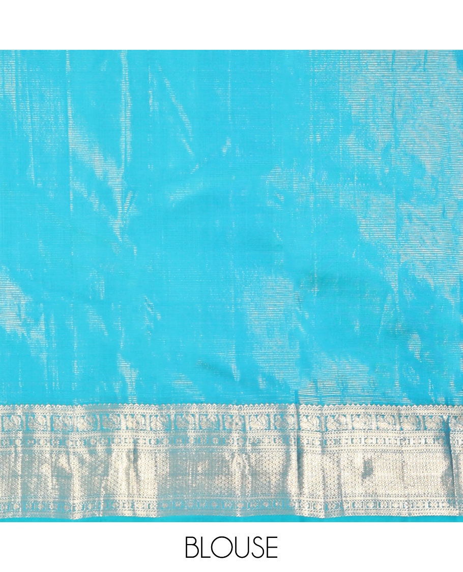 Blue Vasundhara Silk Saree, Woven with Zari Buttas and Vaira Oosi Stripes, a Traditional Zari Border, Grand Pallu, and a Matching Blouse