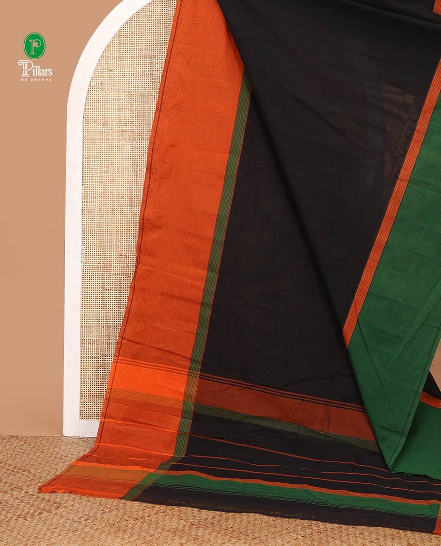 Black plain design organic handloom cotton saree, contrast ganga-jamuna big border of thread stripes & lining seer striped pallu