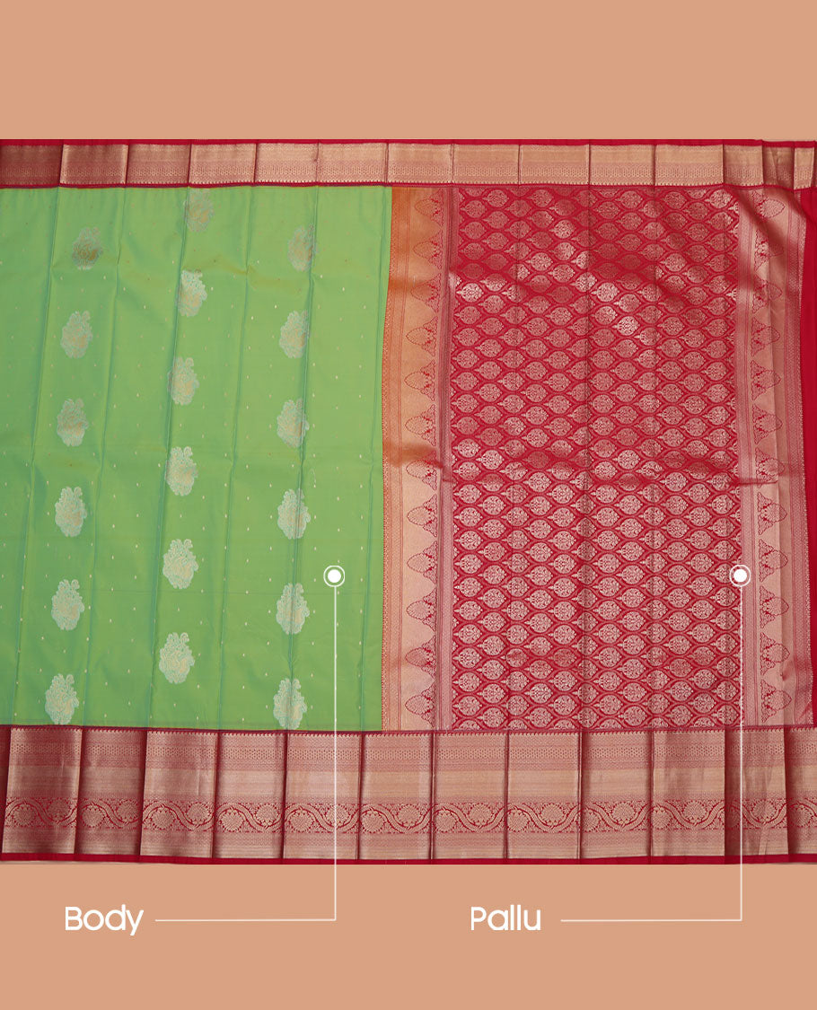 Green Budget Silk Saree, Prettified with Zari Buttas All Over Its Body, Complemented by a Contrast Traditional Zari Border of Floral Creeper Designs, Pallu of Ogee Patterns, and Paired with a Contrast Blouse