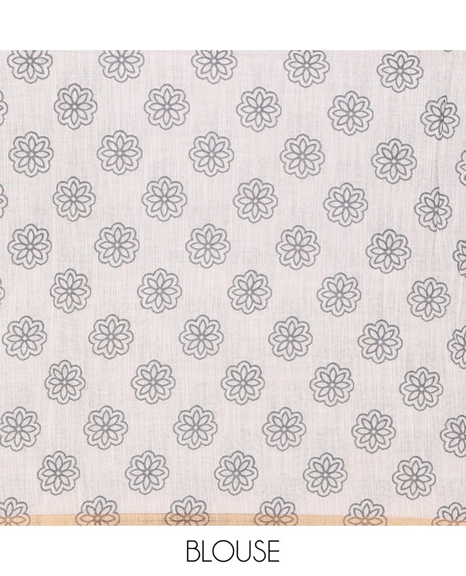 Grey plain and polka dots printed linen cotton saree with piping zari border, floral-geometric print pallu, and contrast flower buttas printed blouse