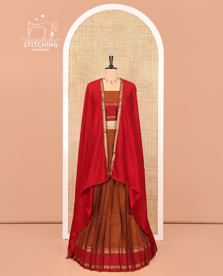 Rust-Red Mercerised Cotton Saree Features a Checked Skirt, Contrast Temple-Rudraksham Rettai Pettu Border, a Matching Blouse, and Contrast Vichitra Silk Dhavani