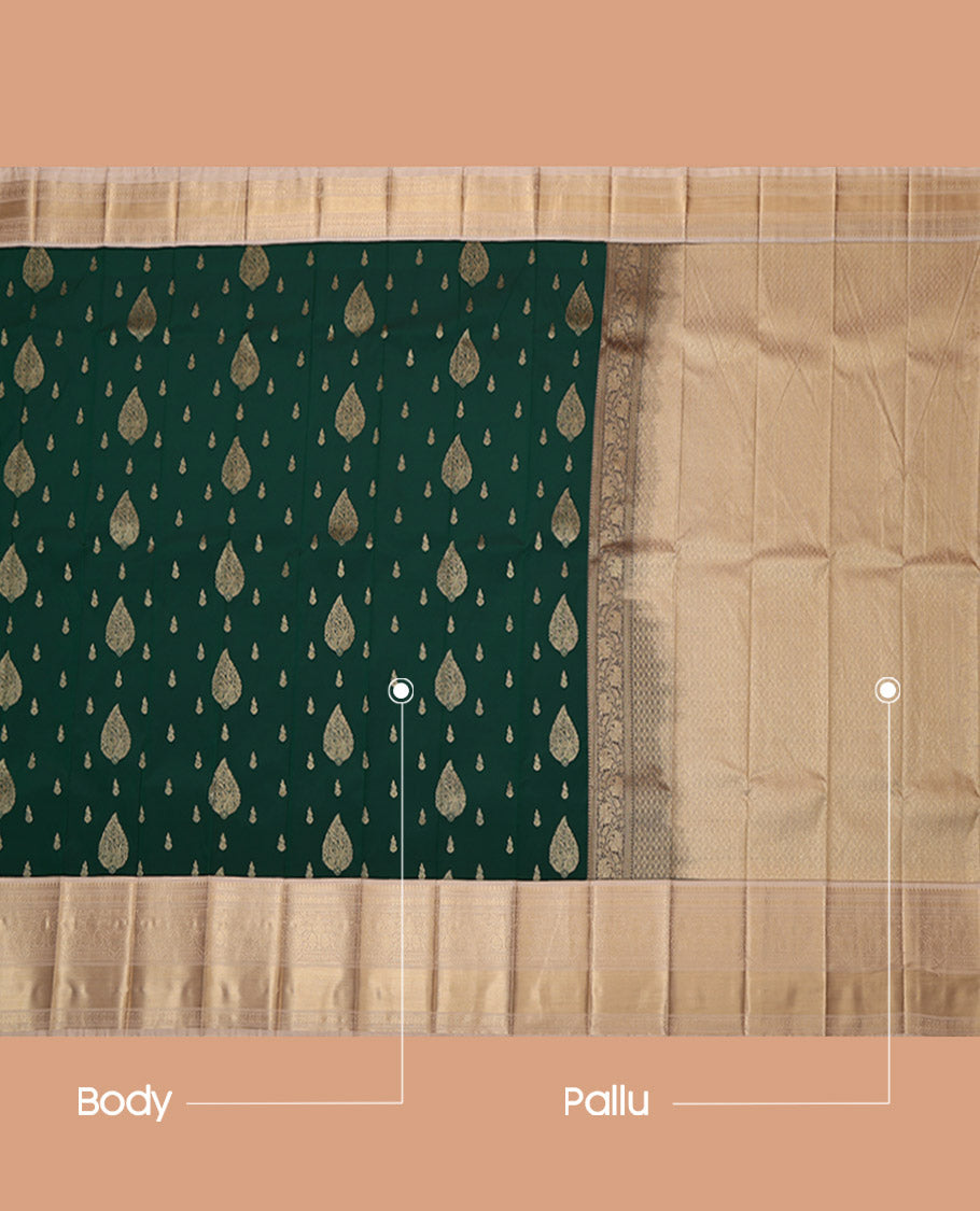 Dark Green Budget Silk Saree, Boldly Accentuated with Zari Buttas, Complemented by Contrast Traditional Zari Border, Grand Pallu, and a Contrast Blouse