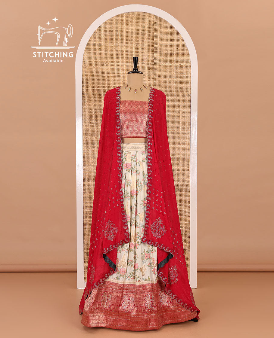 Cream and magenta half-saree, floral and bird printed nylon viscose crepe top, contrast traditional zari and stone work border, jacquard banaras blouse, and scallop stone work dhavani