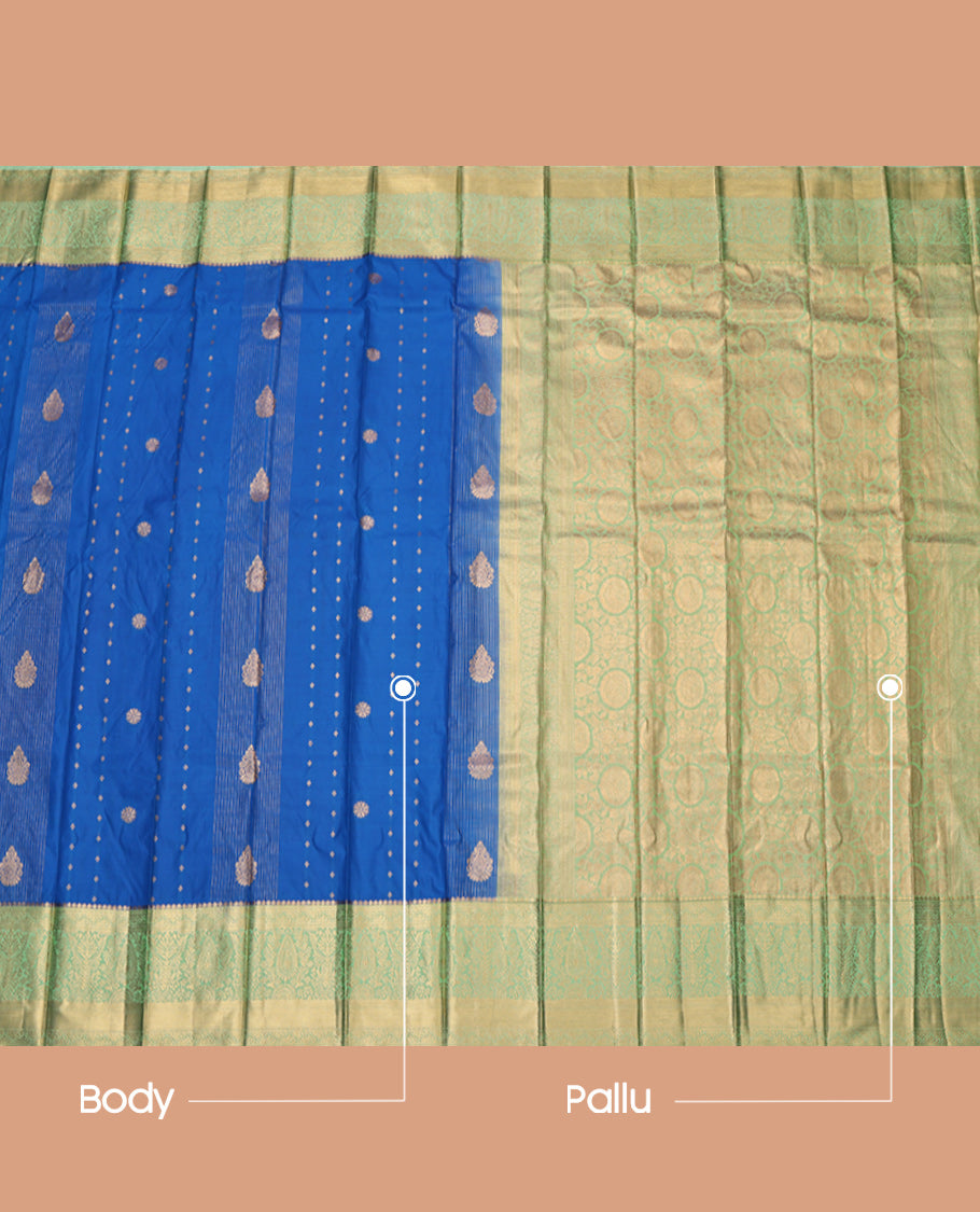 Blue Budget Silk Saree, Woven with Zari Buttas and Stripes, Complemented by Contrast Traditional Zari Border, Grand Pallu and a Contrast Blouse