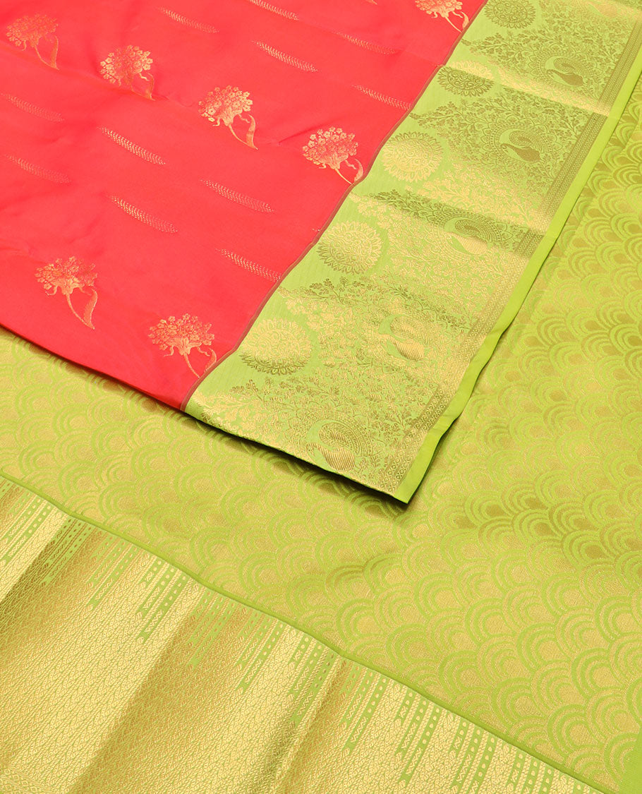 Red zari buttas vasundhara silk mix saree, contrast scallop pallu & border of floral, peacock & chakra motifs