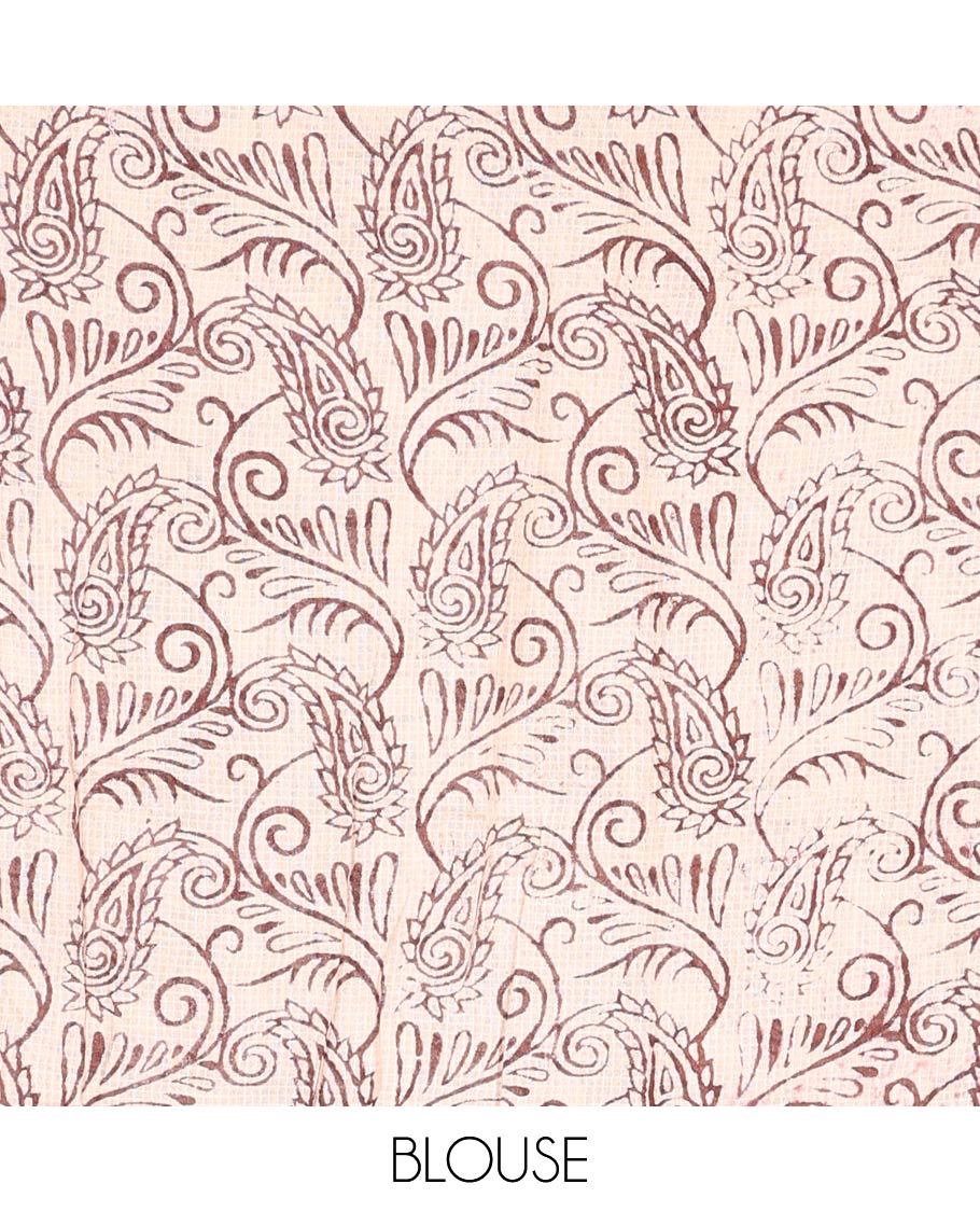 Brown Machine-Printed Kalamkari Cotton Saree Features Human Motifs, a Piping Border, Pallu of Peacocks, and a Matching Blouse