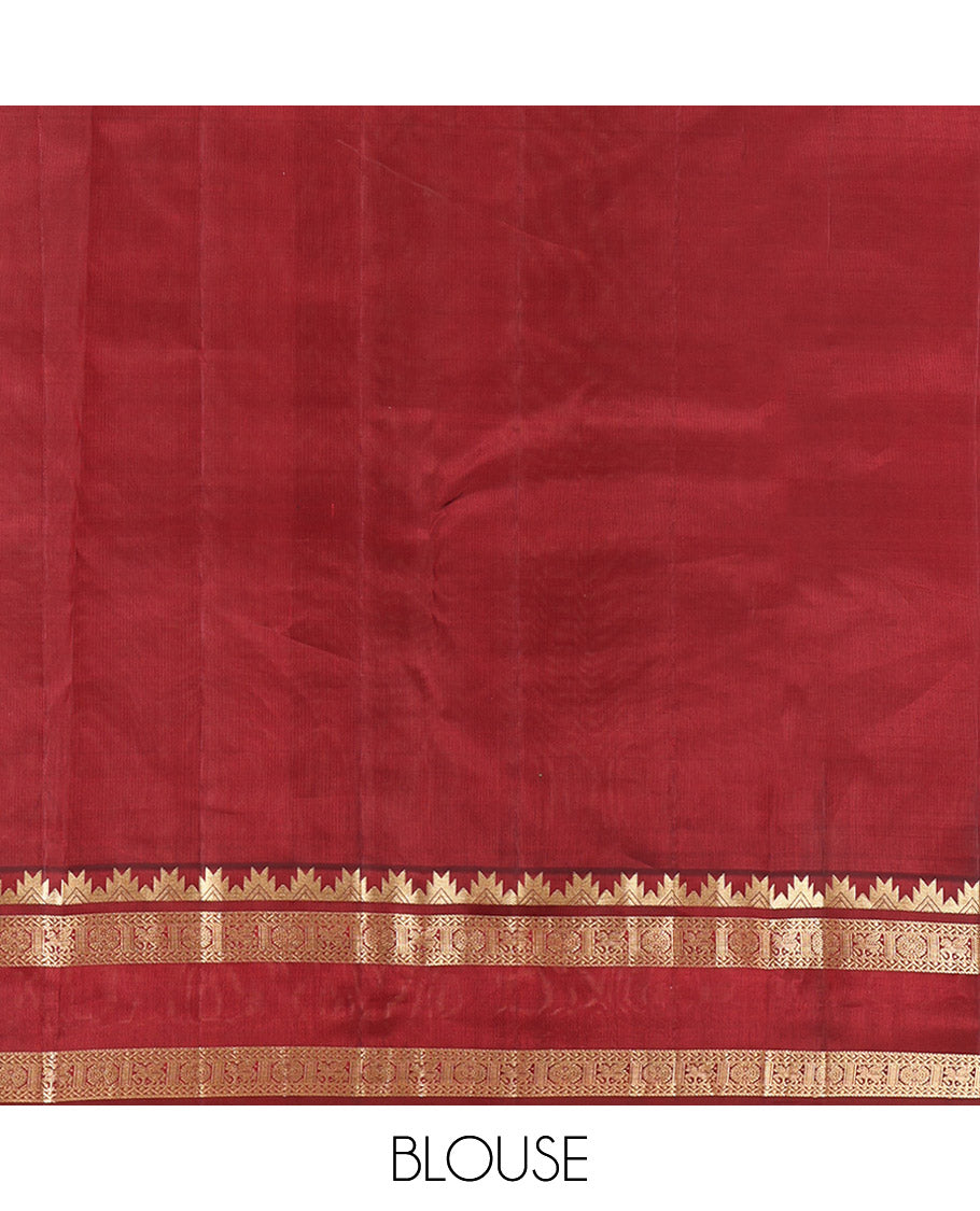 Green Plain Kanchipuram Silk Saree, Complemented by a Contrast Rettai Pettu Border of Thazampoo Rekku, Neli, Kuthirai, and Chakram Designs, Jaal Pallu, and a Contrast Blouse