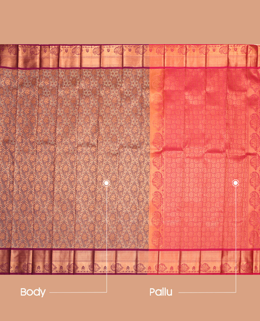 Brown Budget Silk Saree, Detailed with Jacquard, a Contrast Paisley Zari Border, Grand Pallu, and a Contrast Blouse