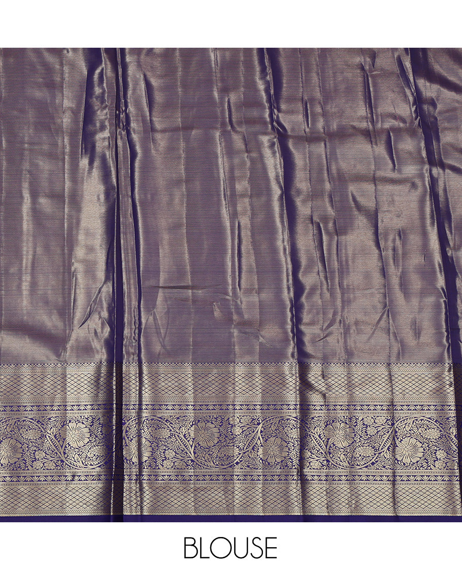 Grey Jacquard Art Silk Pavadai Material Features a Contrast Traditional Border, a Contrast Blouse