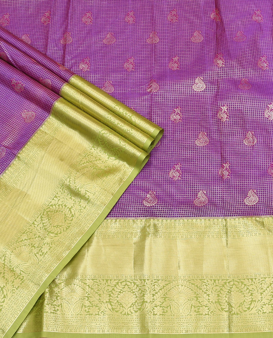 Violet Art Silk Material Half Saree, Decked Up with Jacquard Skirt, a Contrast Traditional Zari Border, Contrast Blouse, and an Intricate Dhavani