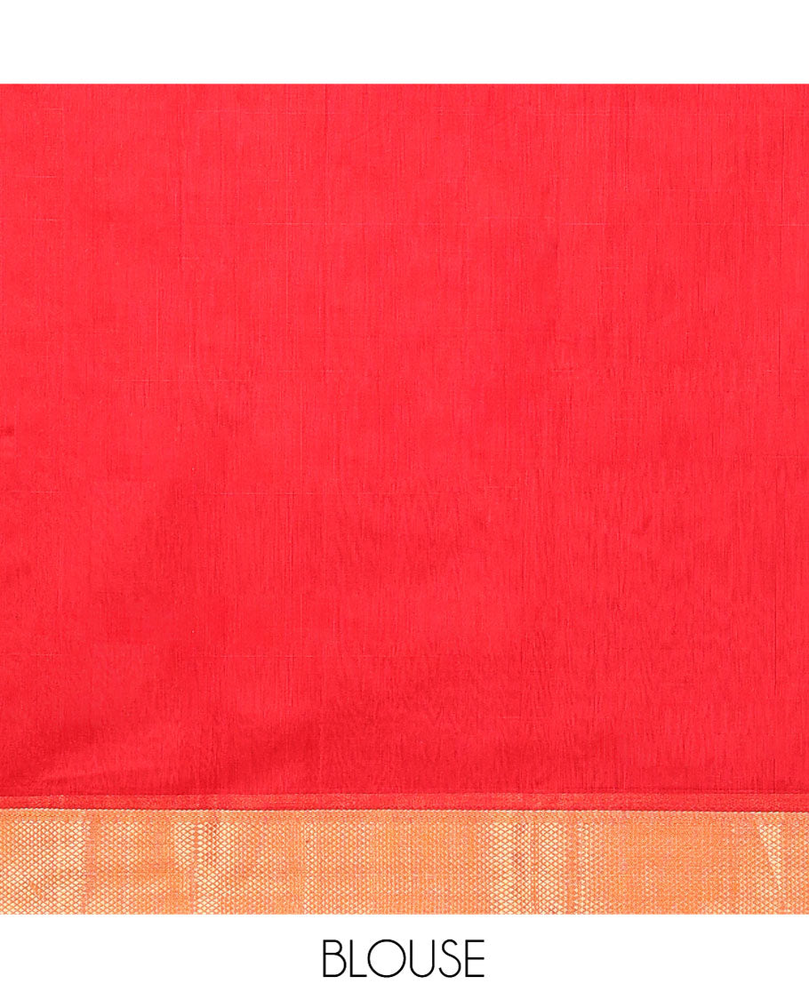 Red Maheshwari Cotton Saree, Adorned with Floral Buttas on Its Body, Highlighted by a Traditional Zari Design Border, Pallu of Zari Design, and Paired with a Matching Blouse