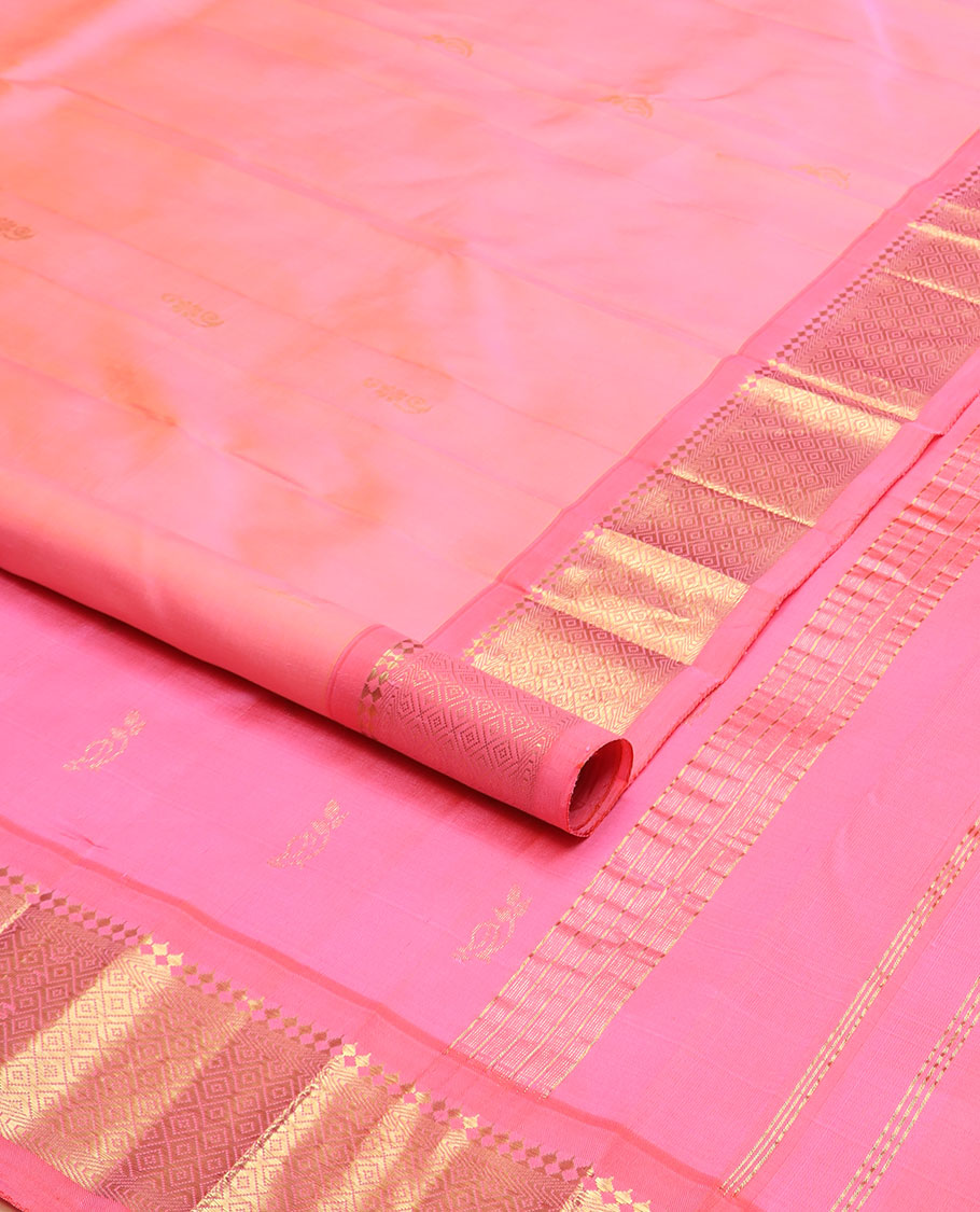 Pink zari buttas kanchipuram silk saree, contrast one-sided border of paneer sombu,banaras,muthu & jaal design & zari design pallu