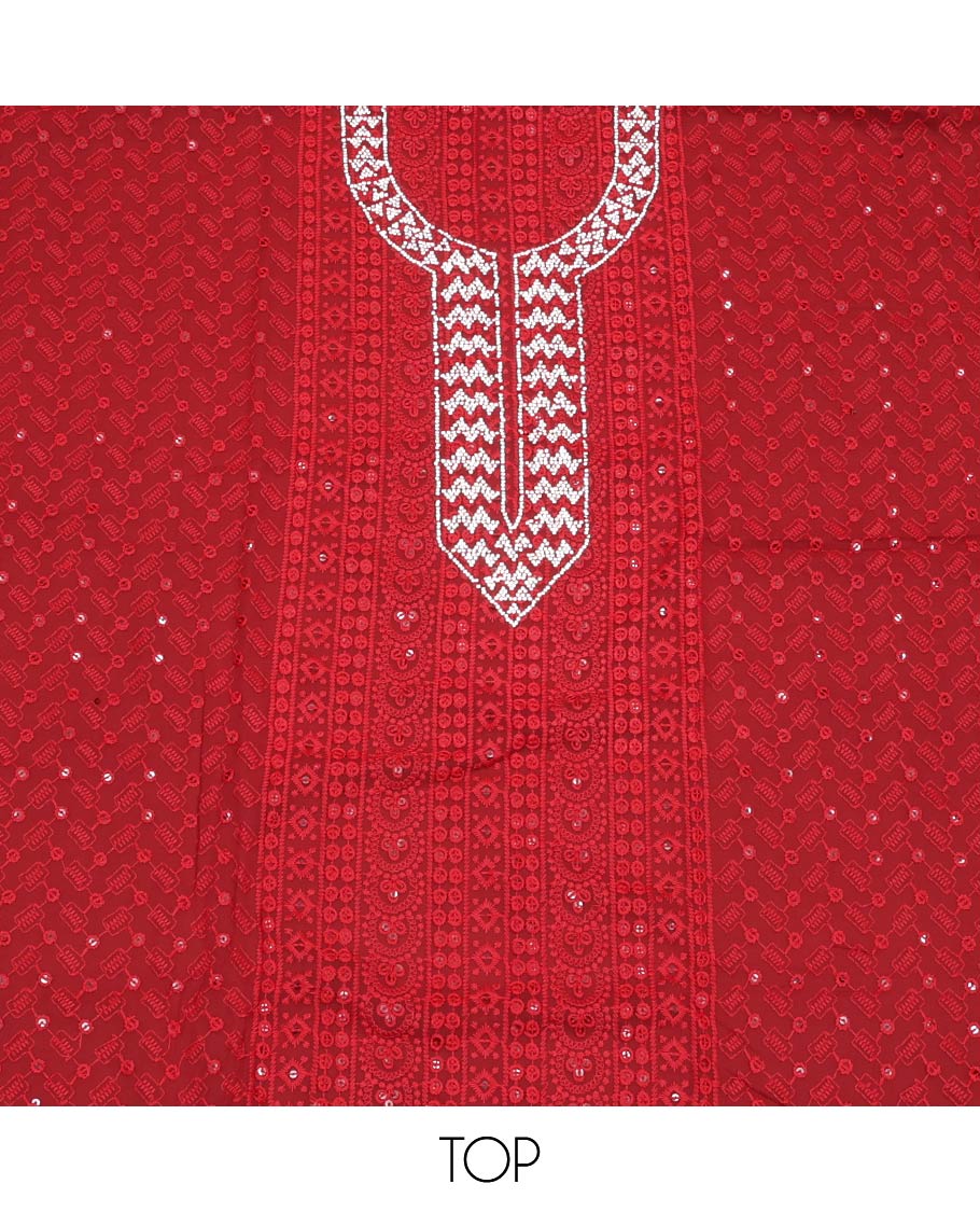 Red Material Chudidar Set, Decorated with Chikankari-style Thread Embroidered and Neck Stone Work Georgette Top, a Plain Santoon Bottom, and Paired with Embroidered Georgette Dupatta