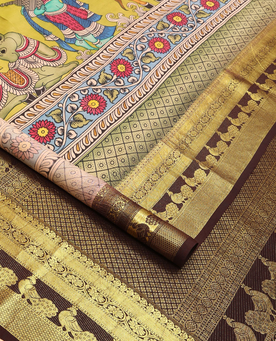 Mint green pichwai theme design kalamkari silk saree with contrast intricate zari design border & floral jaal design pallu