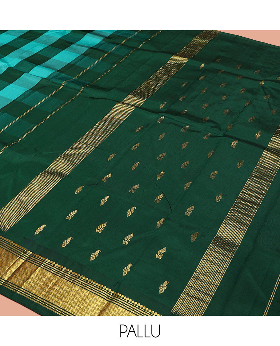 Multi-Color Kanchipuram Silk Saree, Highlighted by Checks, a One-Sided Border of Paneer Sombu, Banaras, Muthu, and Mayil Kann Design, Zari-Woven Pallu, and No Blouse