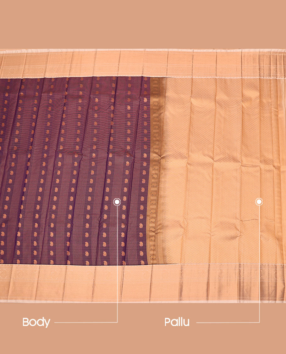 Purple Budget Silk Saree, Artfully Detailed with Paisley Buttas and Stripes, Complemented by a Contrast Traditional Zari Border, Pallu of Jaal Designs, and Paired with a Contrast Blouse