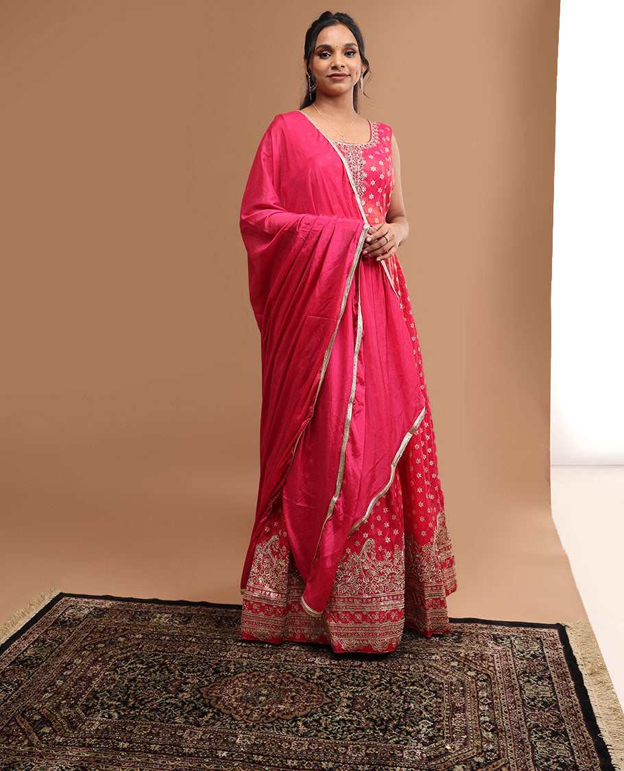 Red floral embroidered round neck, 3/4 th sleeve, floor length top & floral zari design dupatta