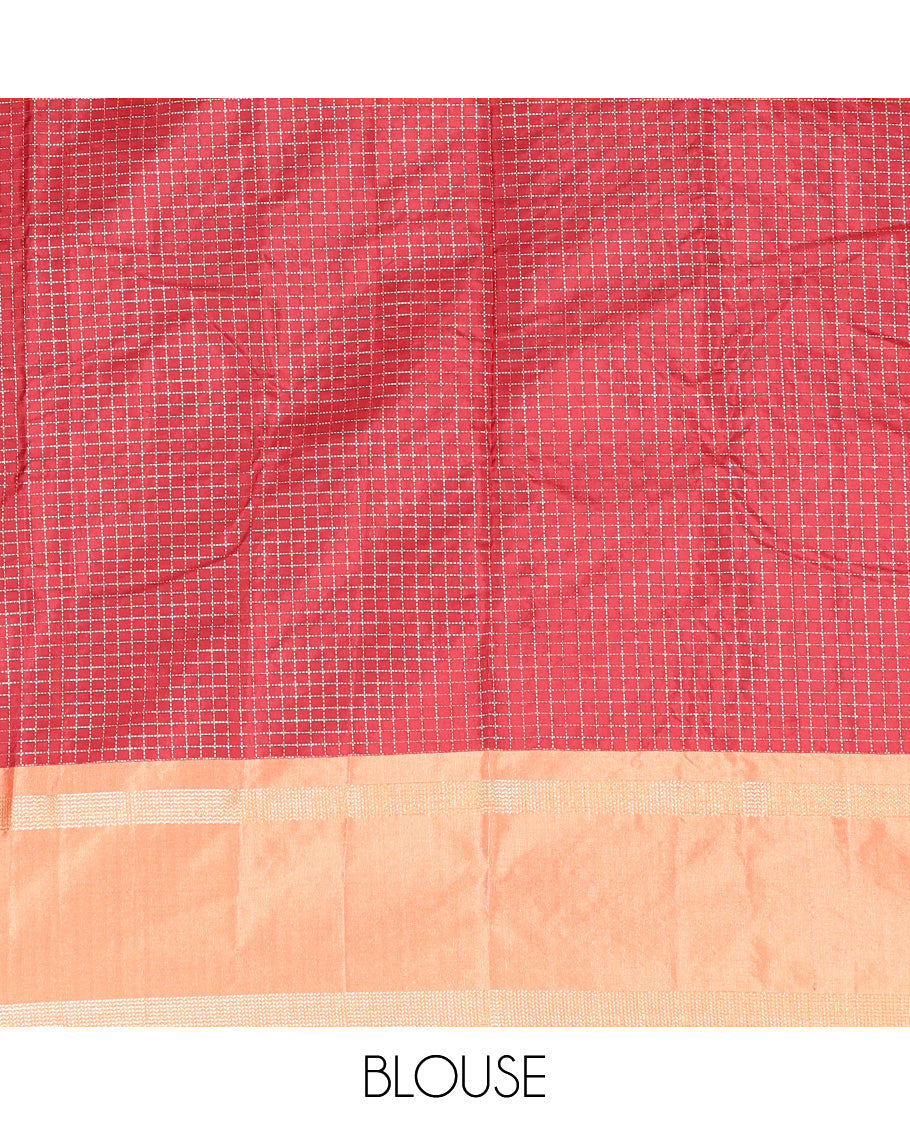 Red Aarani Silk Saree, Enriched with Zari Micro-Checked Design All Over Its Body, Complemented by a Contrast Rettai Pettu Border, Pallu of Stripes, and Paired with a Matching Blouse