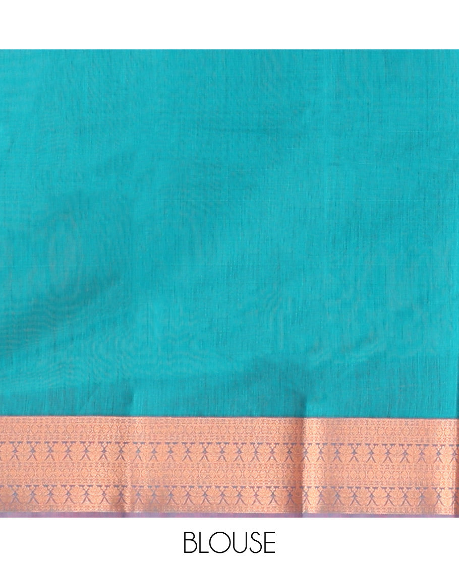 Blue Semi-Silk Cotton Saree, Delicately Woven with Zari Buttas All Over Its Body, Complemented by Contrast Traditional Zari Design Border, Pallu of Jaal Design, and Paired with a Matching Blouse