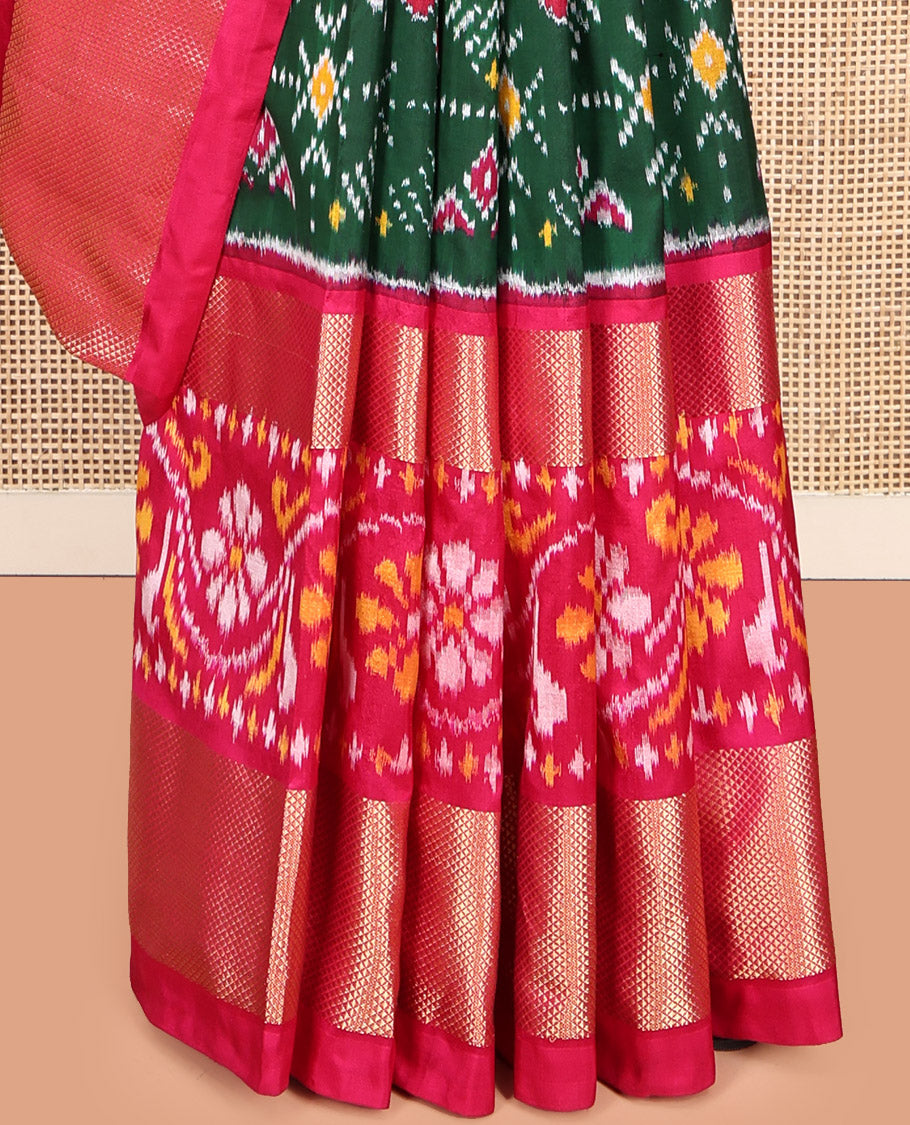 Green Pochampally Ikat Silk Saree, Accentuated with Intricate Designs, a Contrast Border of Floral Creeper and Peacock-Eye Designs, Floral Creeper Pallu, and a Contrast Blouse