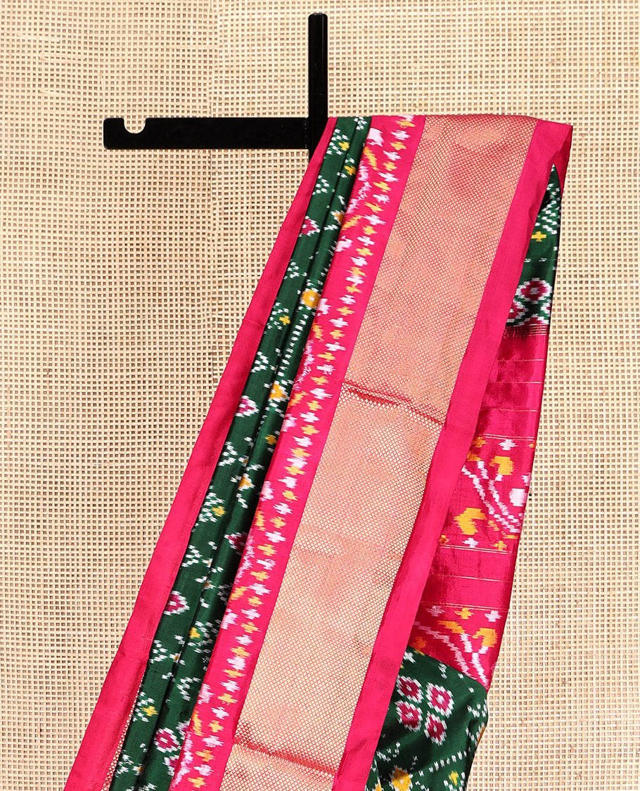 Green Pochampally Ikat Silk Saree, Accentuated with Intricate Designs, a Contrast Border of Floral Creeper and Peacock-Eye Designs, Floral Creeper Pallu, and a Contrast Blouse
