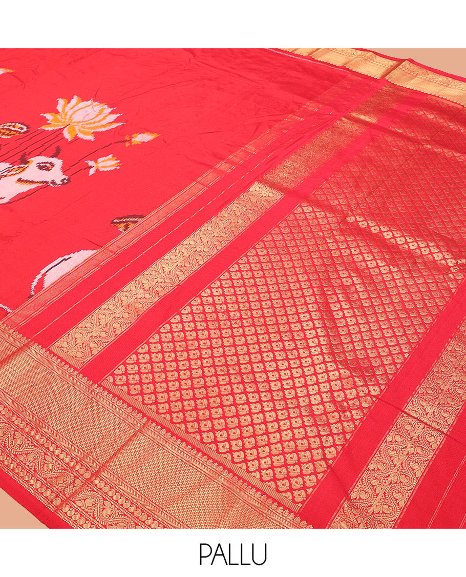 Red Floral Buttas Pochampally Ikat Saree, Zari Border