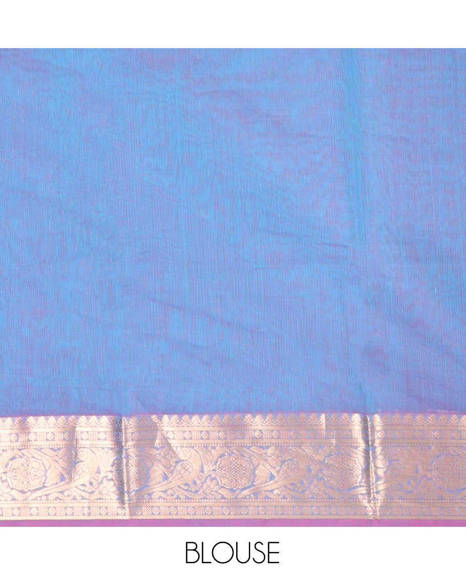 Blue Silk Cotton Saree, Elevated with Buttas, Complemented by Contrast Floral Creeper Border, Pallu of Intricate Designs, and Contrast Blouse