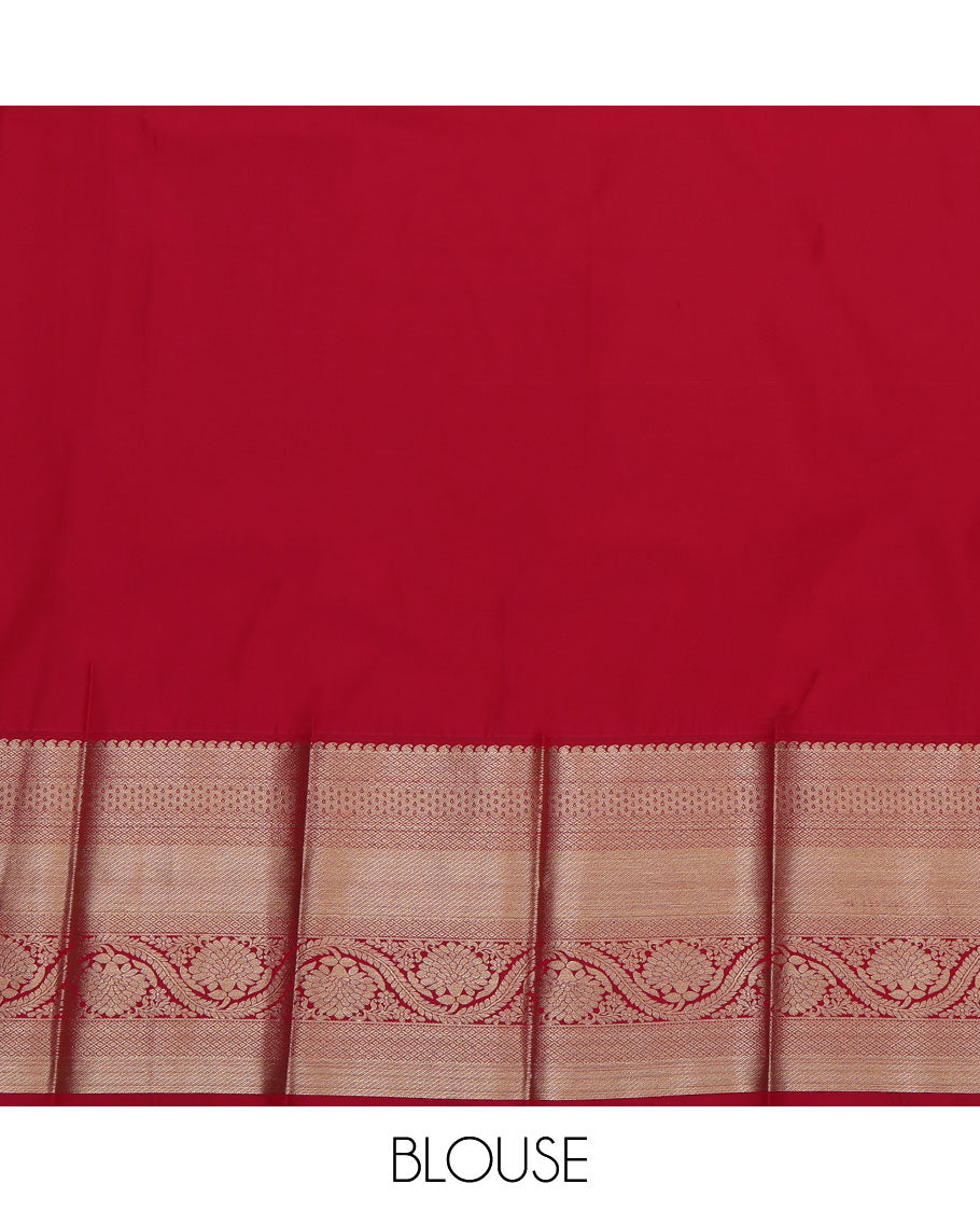 Green Budget Silk Saree, Prettified with Zari Buttas All Over Its Body, Complemented by a Contrast Traditional Zari Border of Floral Creeper Designs, Pallu of Ogee Patterns, and Paired with a Contrast Blouse